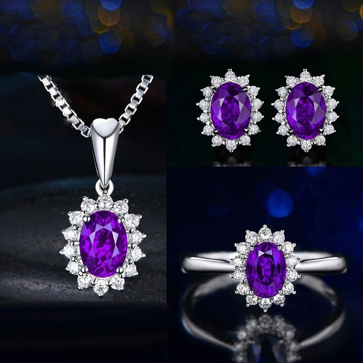 Women Rhinestone Inlaid Oval Pendant Necklace Earrings Open Ring Jewelry Set Image 12