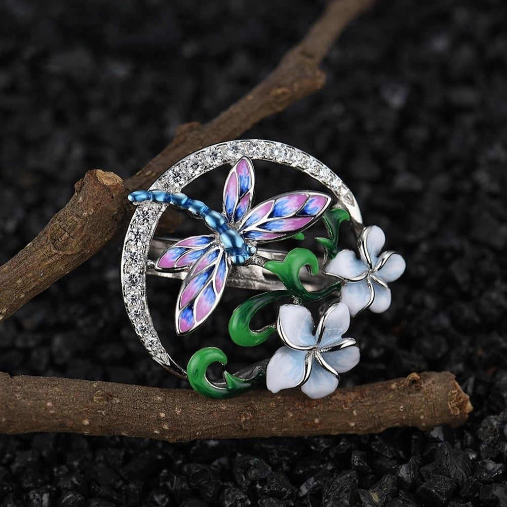 Women Enamel Flower Dragonfly Rhinestone Pendant Necklace Earrings Ring Jewelry Image 7