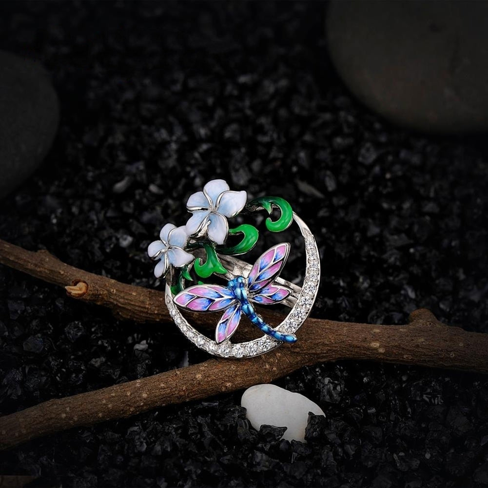 Women Enamel Flower Dragonfly Rhinestone Pendant Necklace Earrings Ring Jewelry Image 8