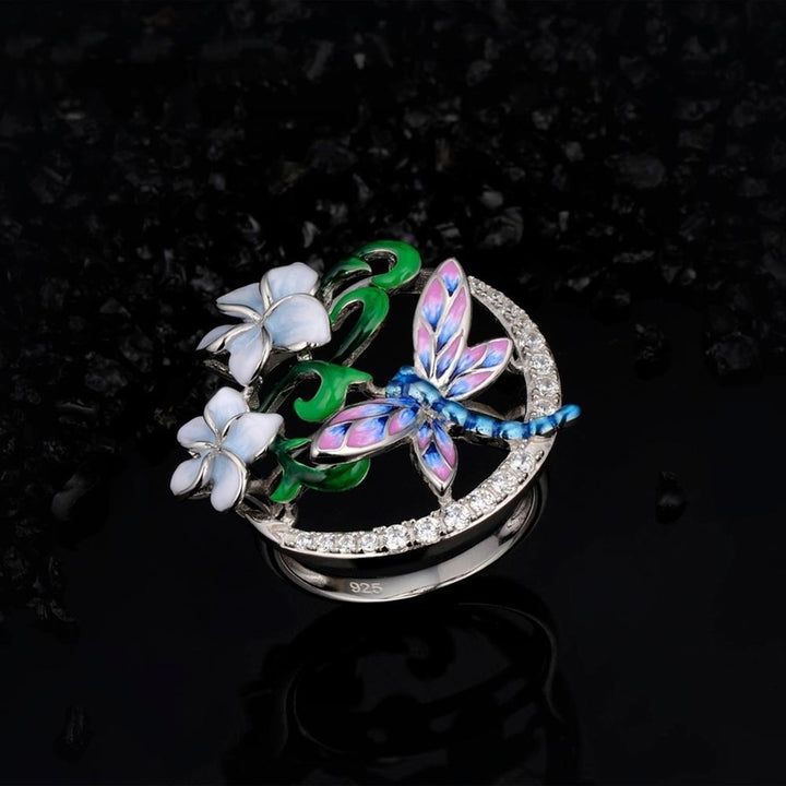 Women Enamel Flower Dragonfly Rhinestone Pendant Necklace Earrings Ring Jewelry Image 9