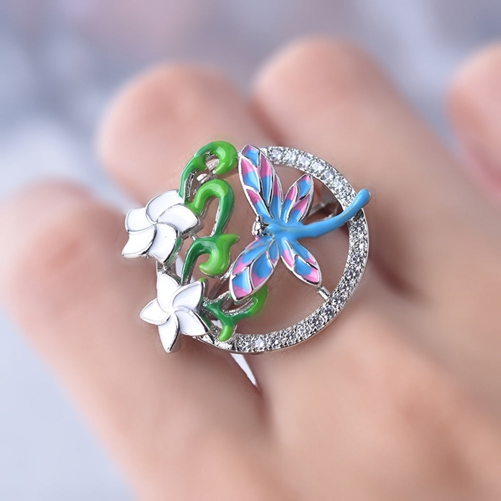 Women Enamel Flower Dragonfly Rhinestone Pendant Necklace Earrings Ring Jewelry Image 10