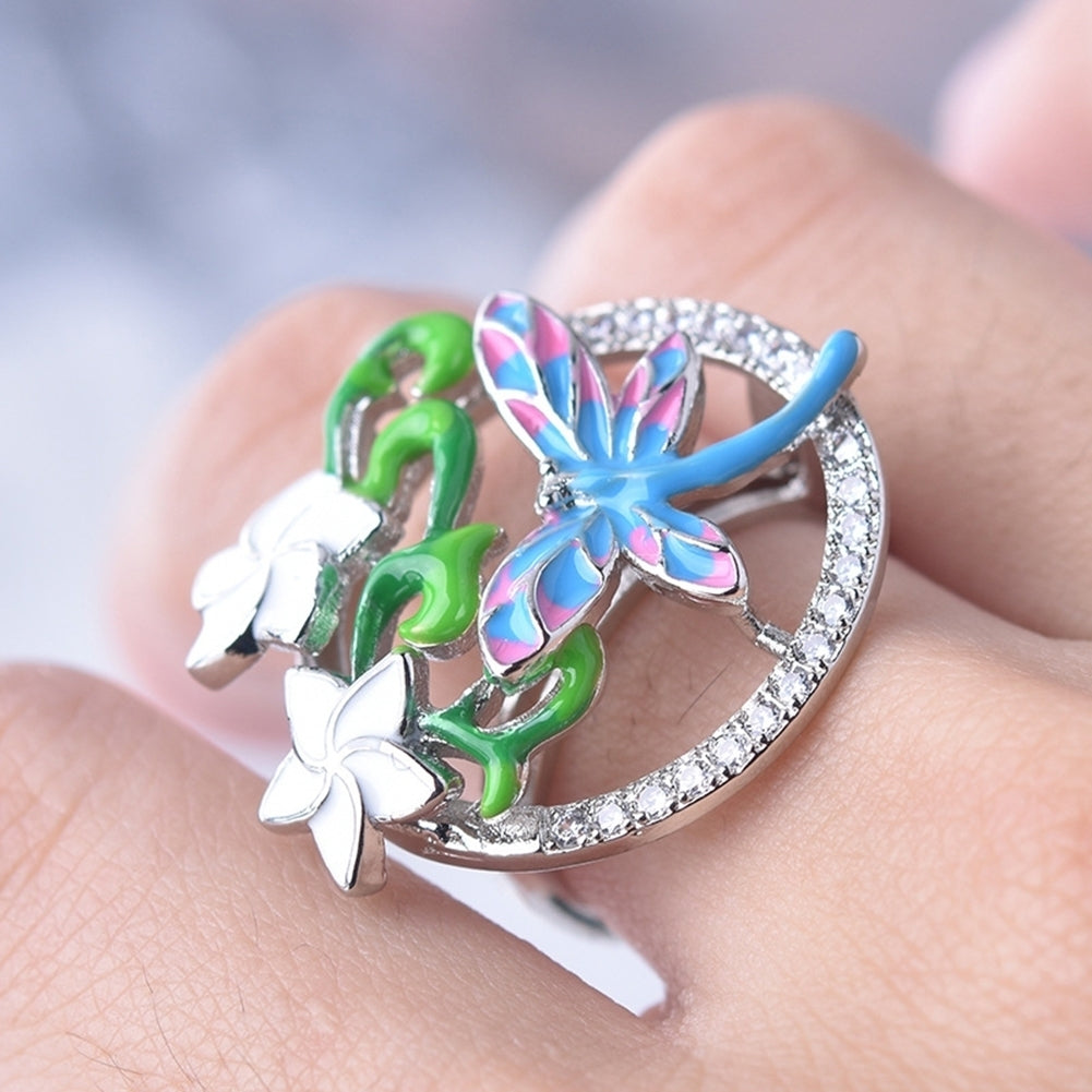Women Enamel Flower Dragonfly Rhinestone Pendant Necklace Earrings Ring Jewelry Image 11