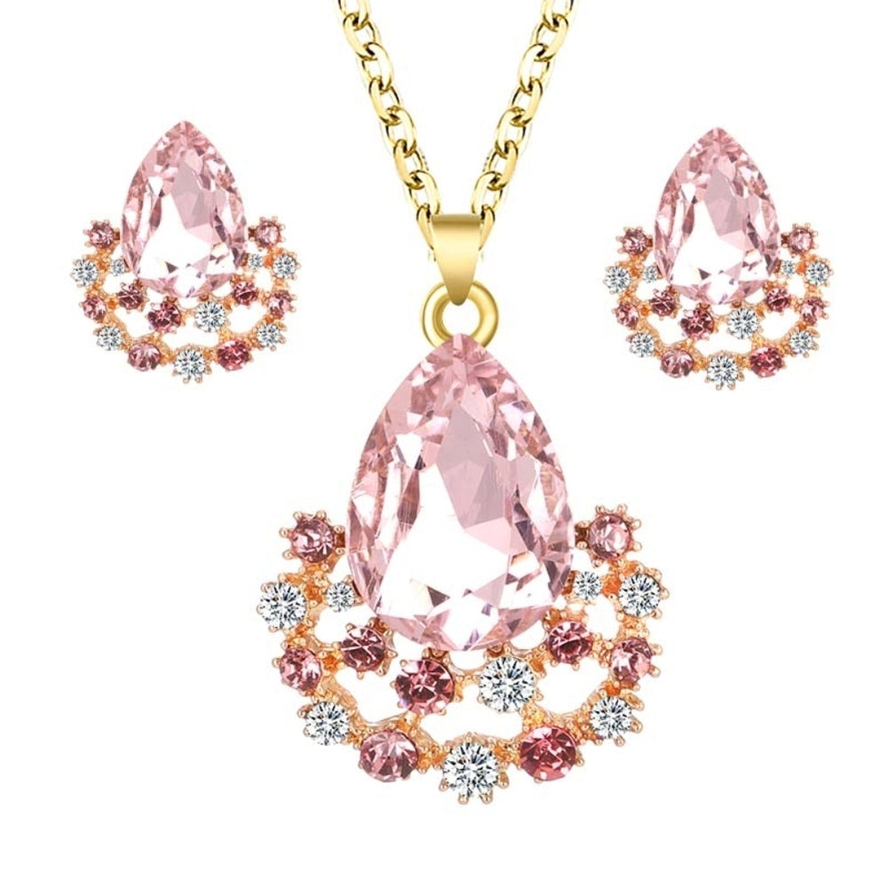 Luxury Women Faux Gem Water Drop Pendant Necklace Earrings Party Jewelry Set Image 2