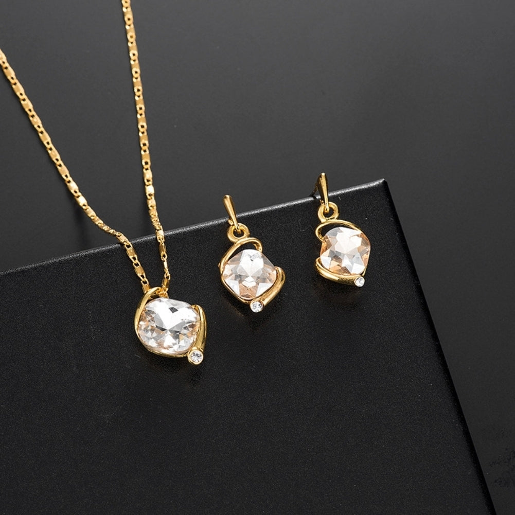 Women Square Rhinestone Pendant Necklace Ear Stud Earrings Party Jewelry Set Image 3