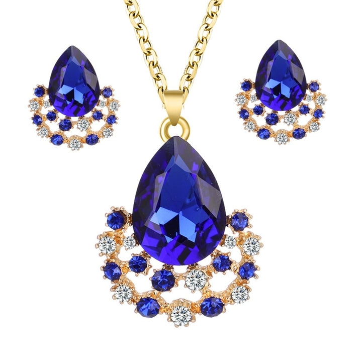 Luxury Women Faux Gem Water Drop Pendant Necklace Earrings Party Jewelry Set Image 4