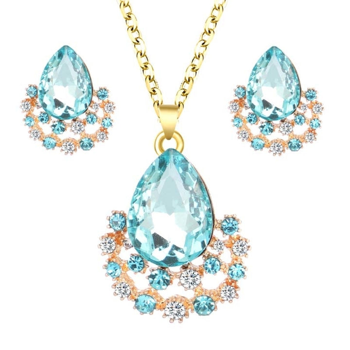 Luxury Women Faux Gem Water Drop Pendant Necklace Earrings Party Jewelry Set Image 4
