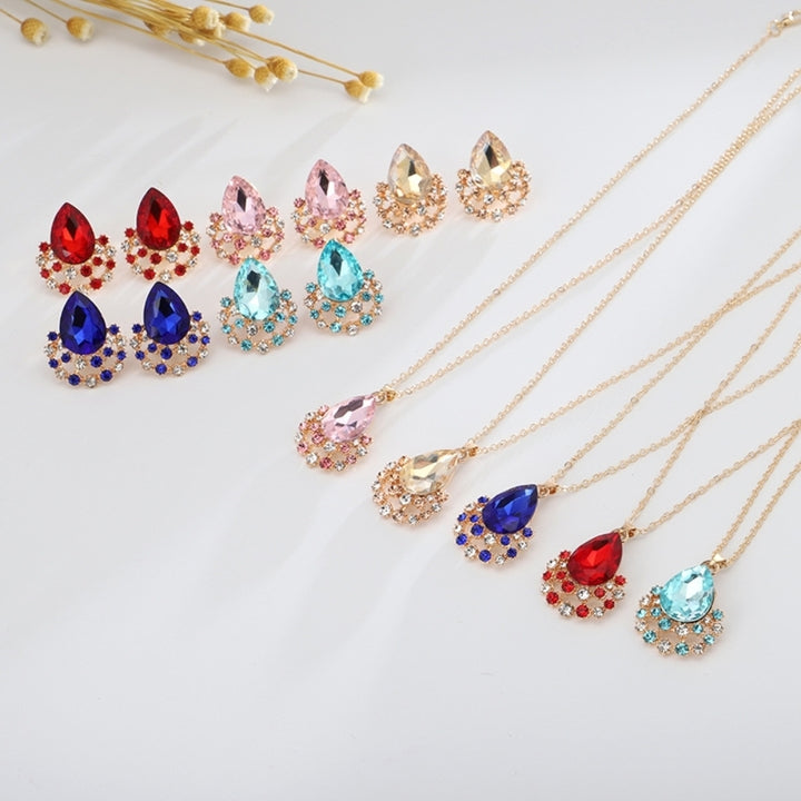 Luxury Women Faux Gem Water Drop Pendant Necklace Earrings Party Jewelry Set Image 7