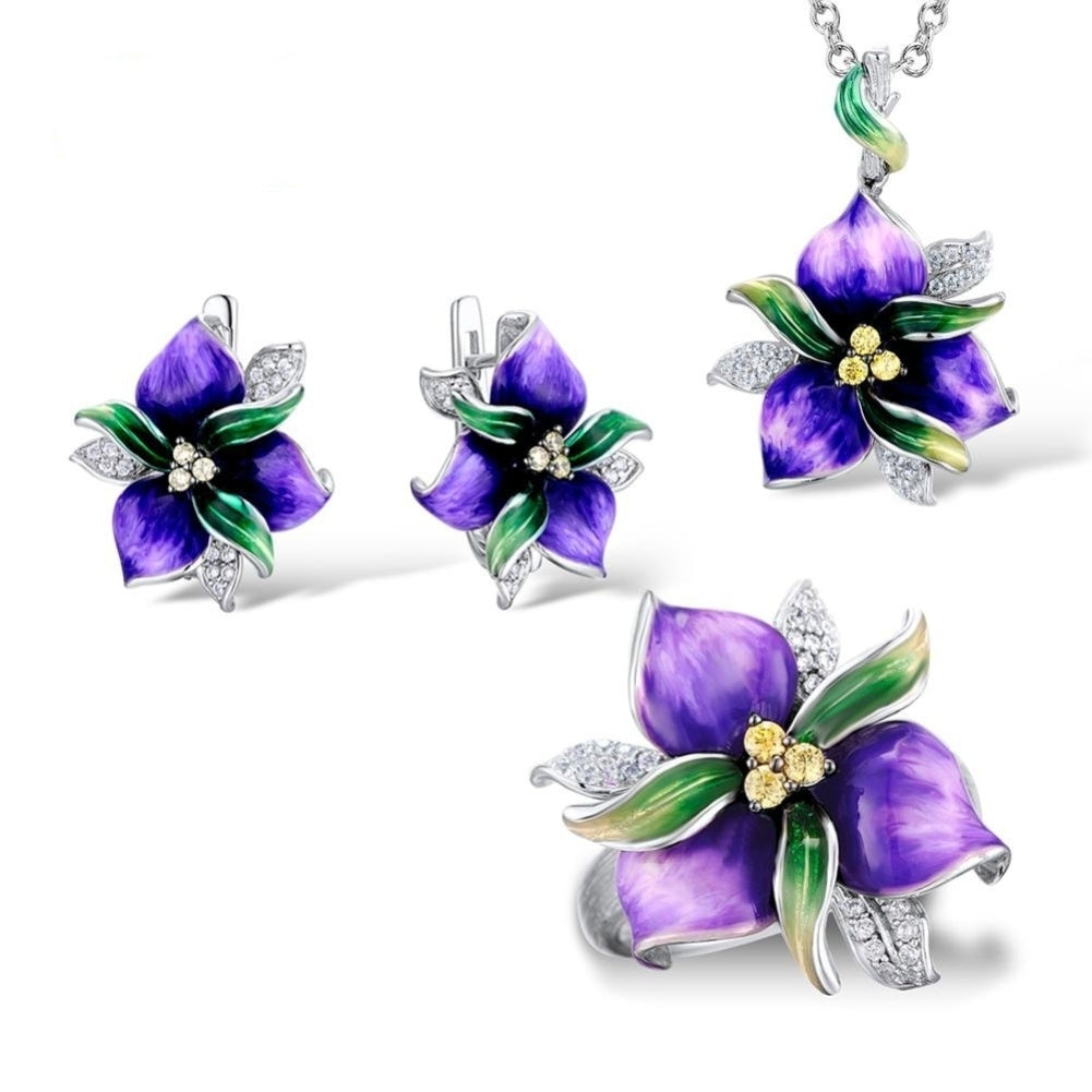 Lady Rhinestone Inlaid Enamel Flower Pendant Necklace Earrings Ring Jewelry Gift Image 1