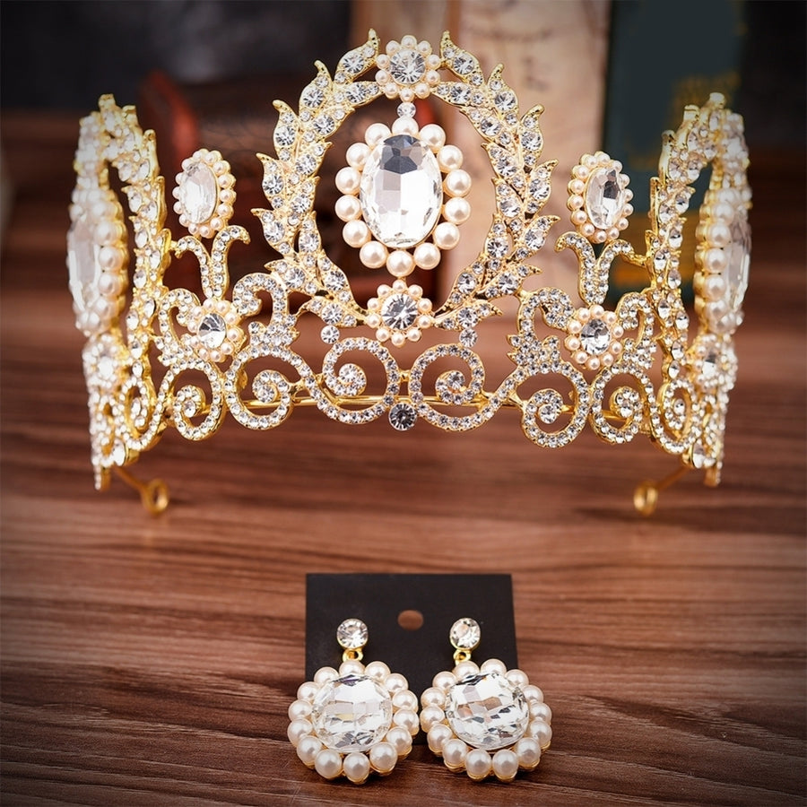 Baroque Women Rhinestone Faux Pearl Crown Tiara Earrings Wedding Jewelry Set Image 1