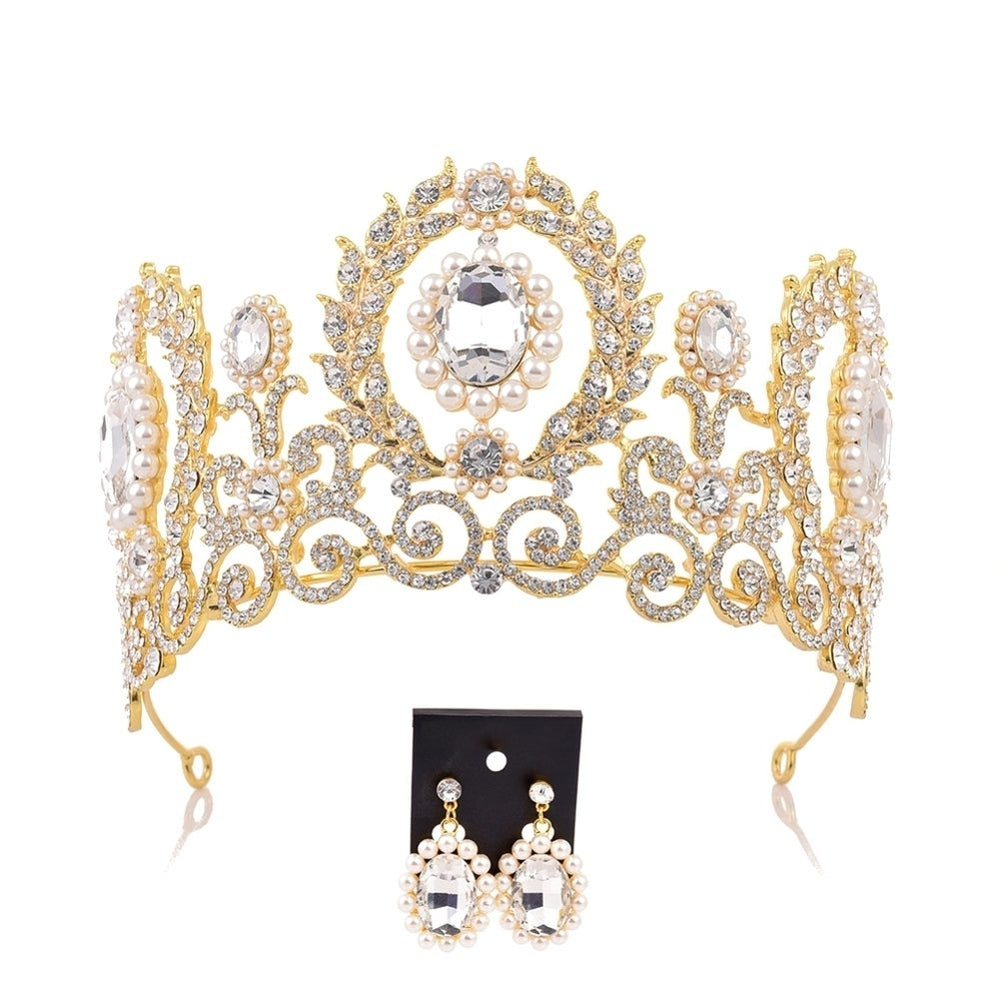 Baroque Women Rhinestone Faux Pearl Crown Tiara Earrings Wedding Jewelry Set Image 2