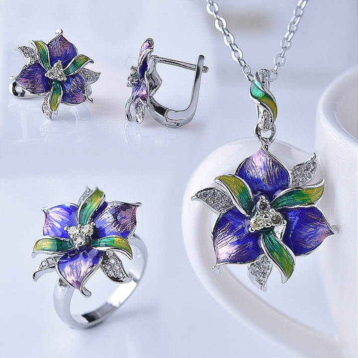 Lady Rhinestone Inlaid Enamel Flower Pendant Necklace Earrings Ring Jewelry Gift Image 8