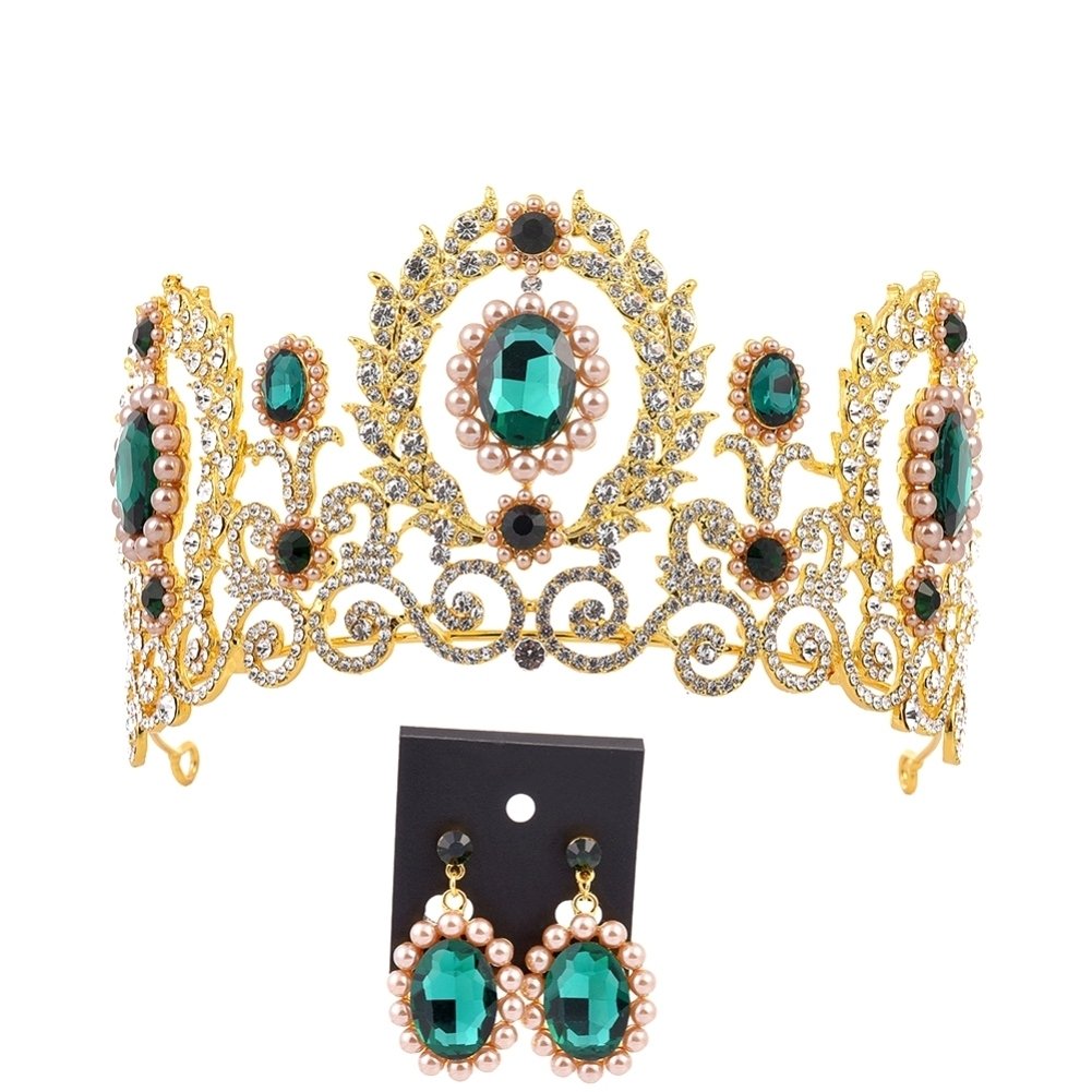 Baroque Women Rhinestone Faux Pearl Crown Tiara Earrings Wedding Jewelry Set Image 1