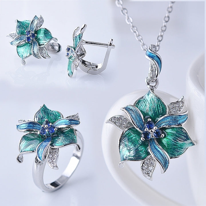 Lady Rhinestone Inlaid Enamel Flower Pendant Necklace Earrings Ring Jewelry Gift Image 12