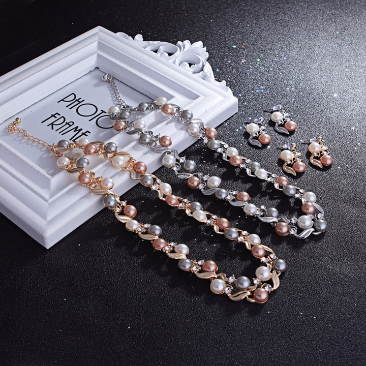 Elegant Women Faux Pearl Rhinestone Necklace Ear Stud Earrings Party Jewelry Set Image 3