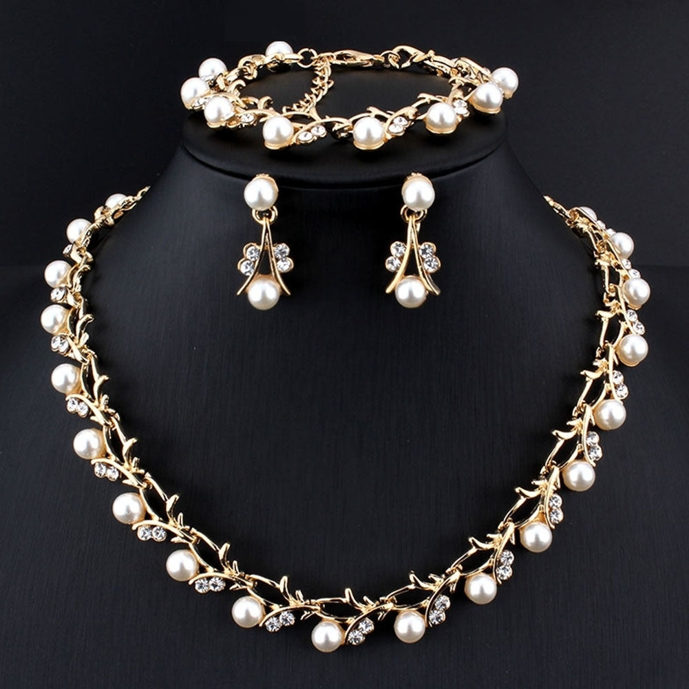 Elegant Faux Pearl Rhinestone Necklace Earrings Bracelet Bridal Jewelry Gift Image 1