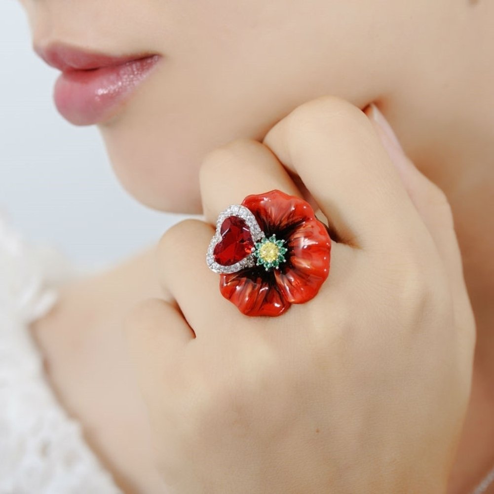 Women Heart Faux Ruby Flower Pendant Necklace Earrings Ring Party Jewelry Gift Image 4