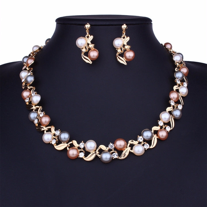 Elegant Women Faux Pearl Rhinestone Necklace Ear Stud Earrings Party Jewelry Set Image 7