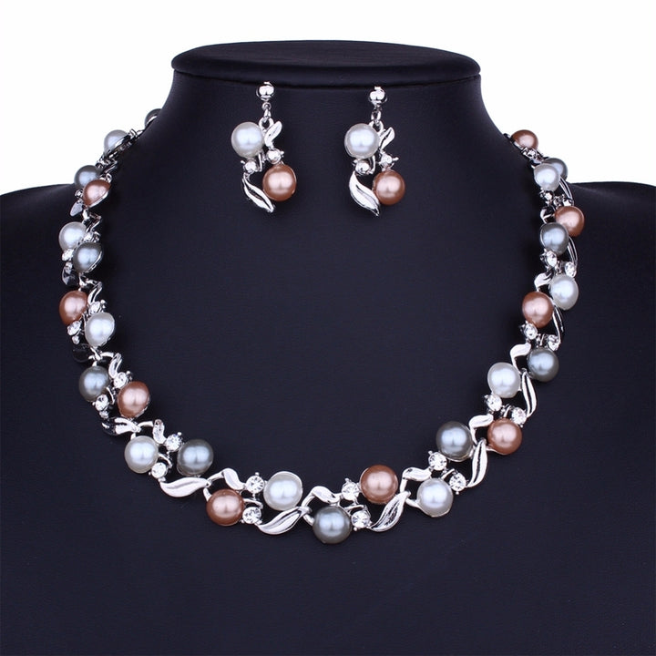 Elegant Women Faux Pearl Rhinestone Necklace Ear Stud Earrings Party Jewelry Set Image 8