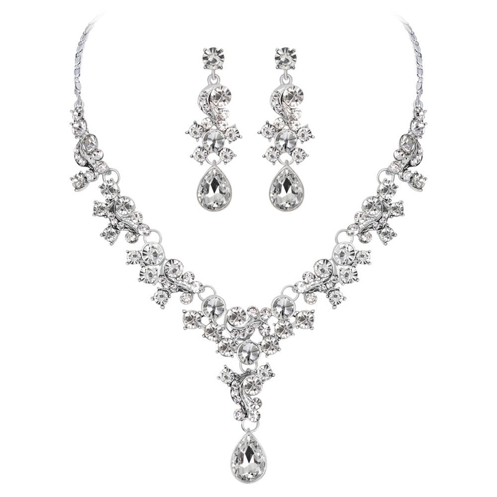 Luxury Women Rhinestone Flower Necklace Ear Stud Earrings Wedding Jewelry Set Image 2