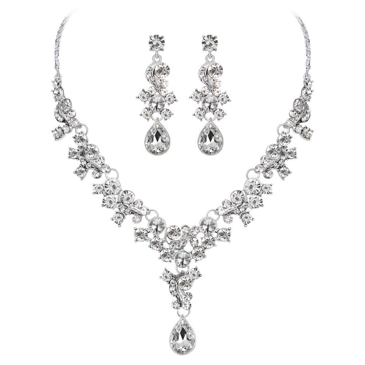 Luxury Women Rhinestone Flower Necklace Ear Stud Earrings Wedding Jewelry Set Image 1