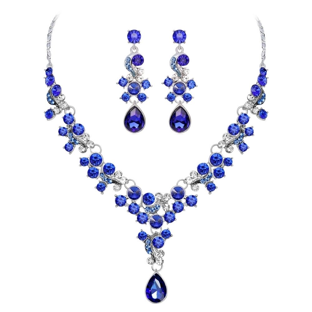 Luxury Women Rhinestone Flower Necklace Ear Stud Earrings Wedding Jewelry Set Image 3