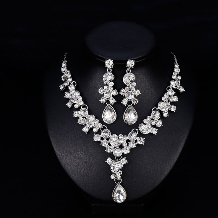 Luxury Women Rhinestone Flower Necklace Ear Stud Earrings Wedding Jewelry Set Image 4
