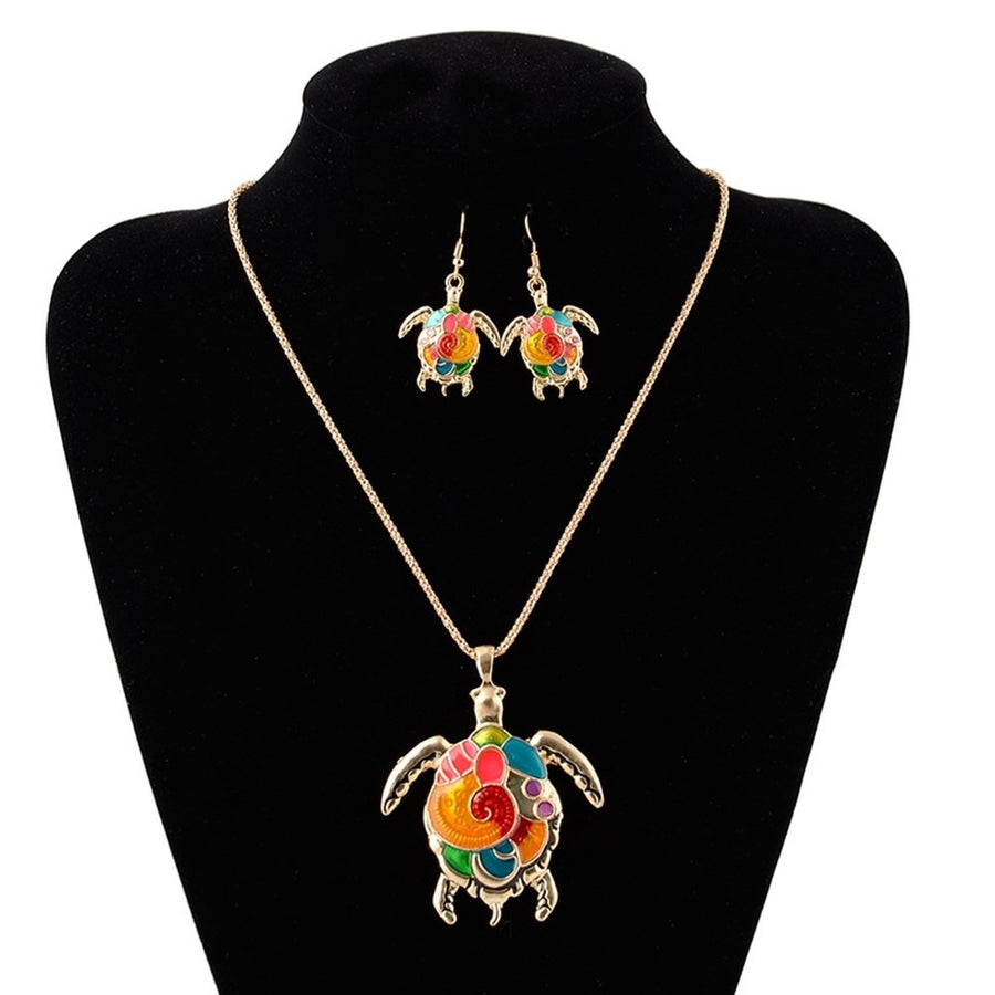Fashion Women Enamel Turtle Pendant Chain Necklace Hook Earrings Jewelry Set Image 1
