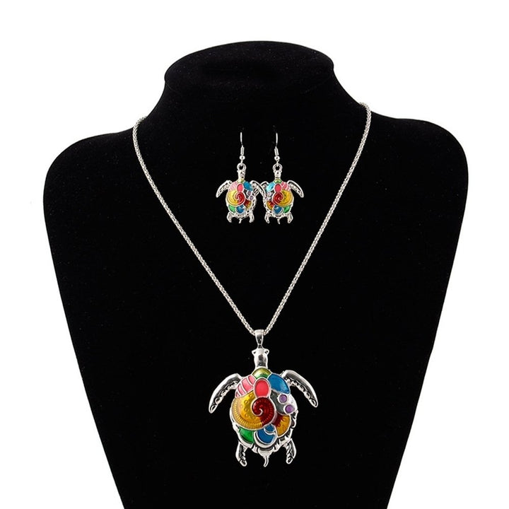 Fashion Women Enamel Turtle Pendant Chain Necklace Hook Earrings Jewelry Set Image 2