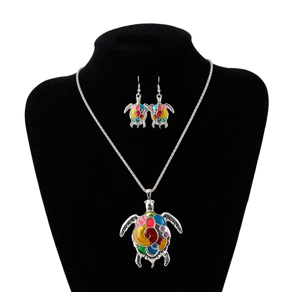 Fashion Women Enamel Turtle Pendant Chain Necklace Hook Earrings Jewelry Set Image 1