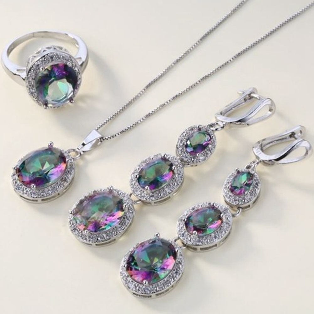 Elegant Women Round Rhinestone Pendant Chain Necklace Earrings Ring Jewelry Set Image 1