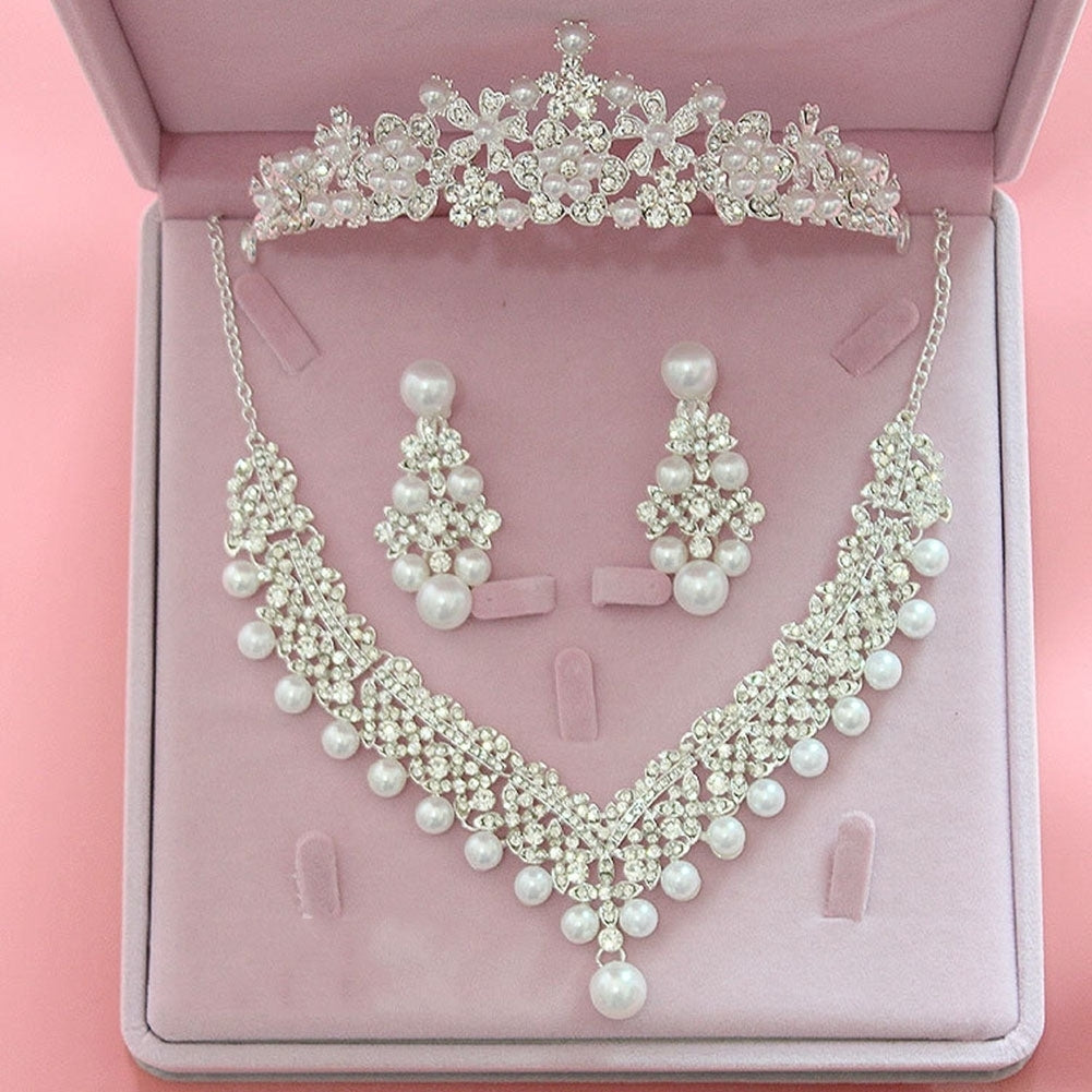 Women Faux Pearl Rhinestone Pendant Necklace Earrings Crown Tiara Jewelry Set Image 1