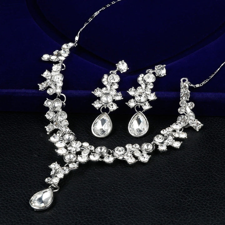 Luxury Women Rhinestone Flower Necklace Ear Stud Earrings Wedding Jewelry Set Image 11