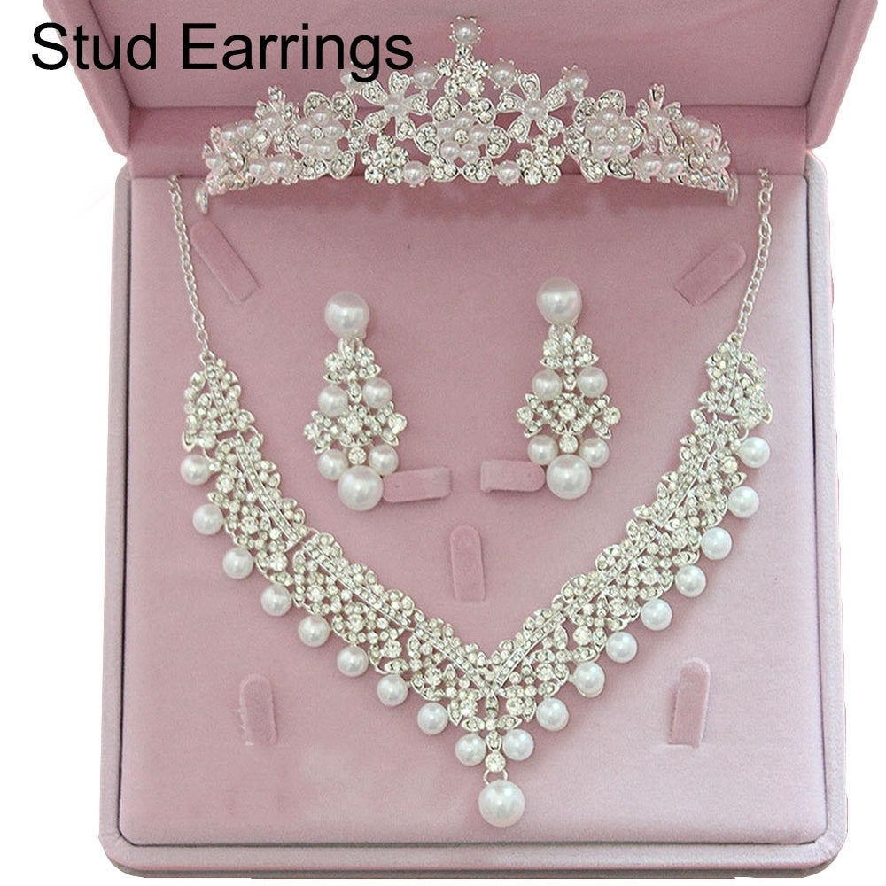 Women Faux Pearl Rhinestone Pendant Necklace Earrings Crown Tiara Jewelry Set Image 2