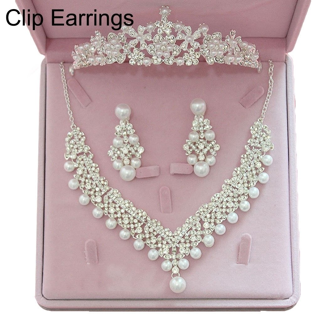 Women Faux Pearl Rhinestone Pendant Necklace Earrings Crown Tiara Jewelry Set Image 3