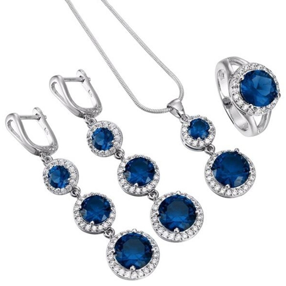 Elegant Women Round Rhinestone Pendant Chain Necklace Earrings Ring Jewelry Set Image 6