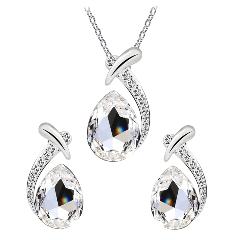 Lady Faux Crystal Water Drop Pendant Chain Necklace Earrings Wedding Jewelry Set Image 2