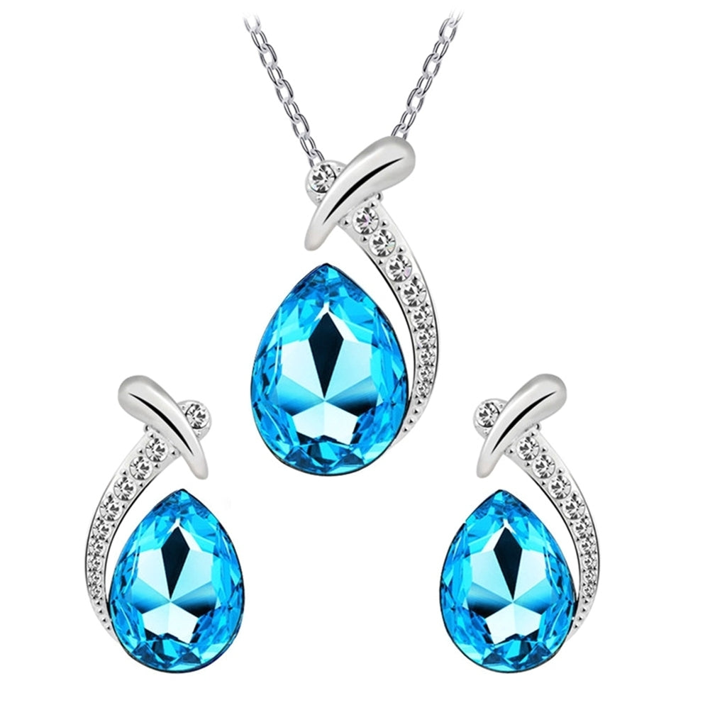 Lady Faux Crystal Water Drop Pendant Chain Necklace Earrings Wedding Jewelry Set Image 3