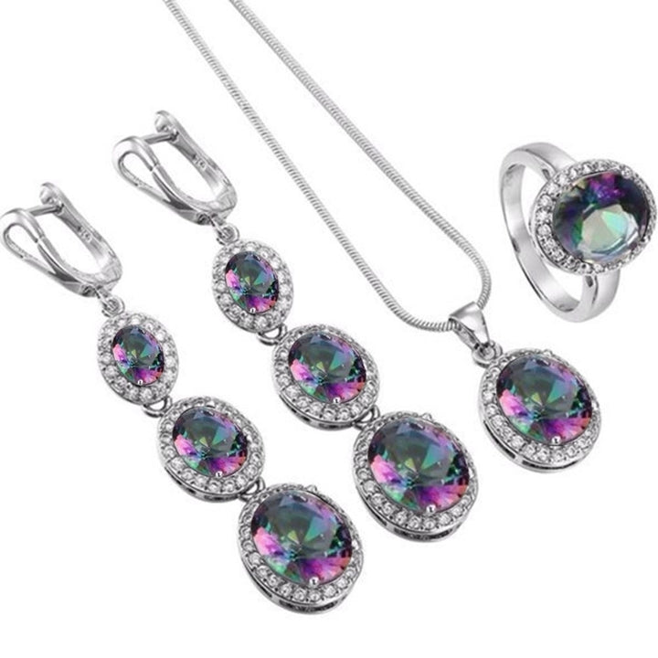 Elegant Women Round Rhinestone Pendant Chain Necklace Earrings Ring Jewelry Set Image 8