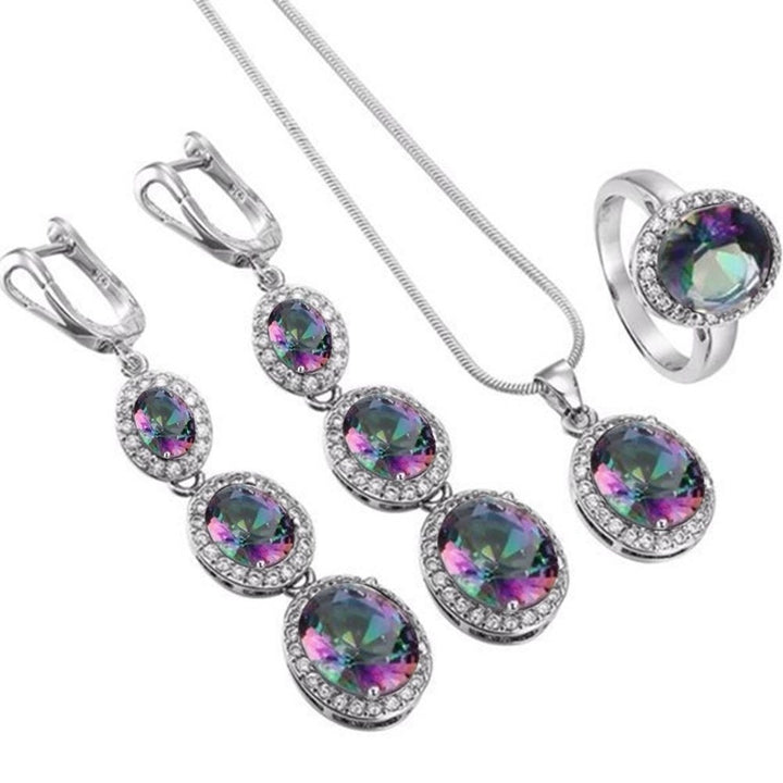 Elegant Women Round Rhinestone Pendant Chain Necklace Earrings Ring Jewelry Set Image 1