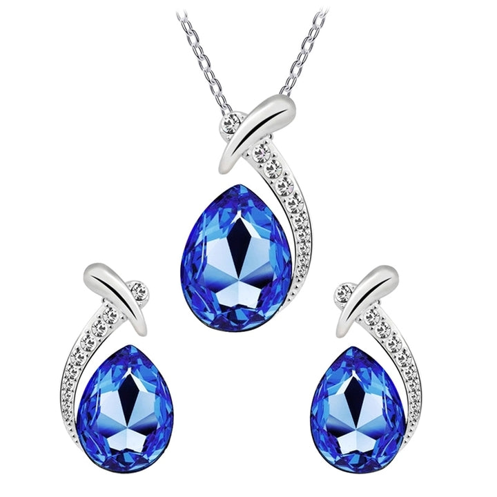 Lady Faux Crystal Water Drop Pendant Chain Necklace Earrings Wedding Jewelry Set Image 4