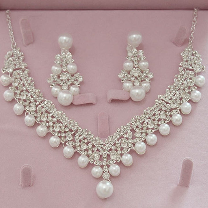 Women Faux Pearl Rhinestone Pendant Necklace Earrings Crown Tiara Jewelry Set Image 7