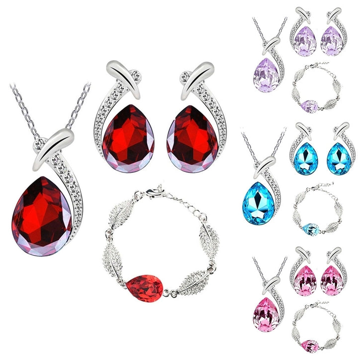 Lady Rhinestone Inlaid Water Drop Pendant Necklace Bracelet Earrings Jewelry Set Image 1