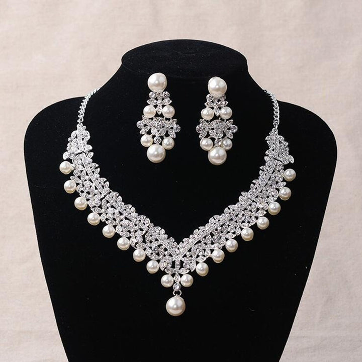 Women Faux Pearl Rhinestone Pendant Necklace Earrings Crown Tiara Jewelry Set Image 8