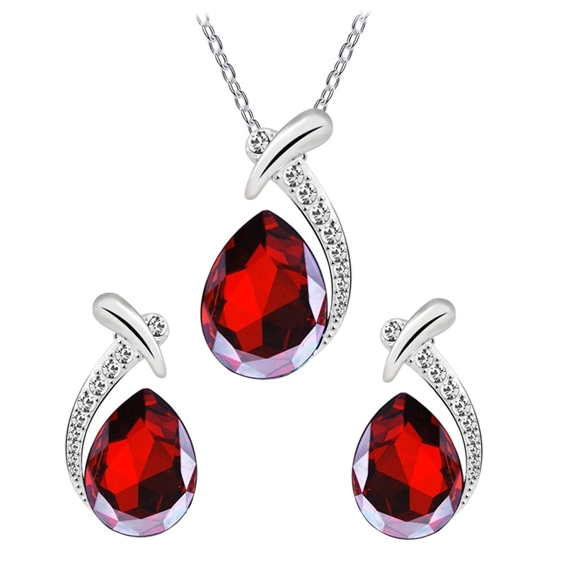 Lady Faux Crystal Water Drop Pendant Chain Necklace Earrings Wedding Jewelry Set Image 6