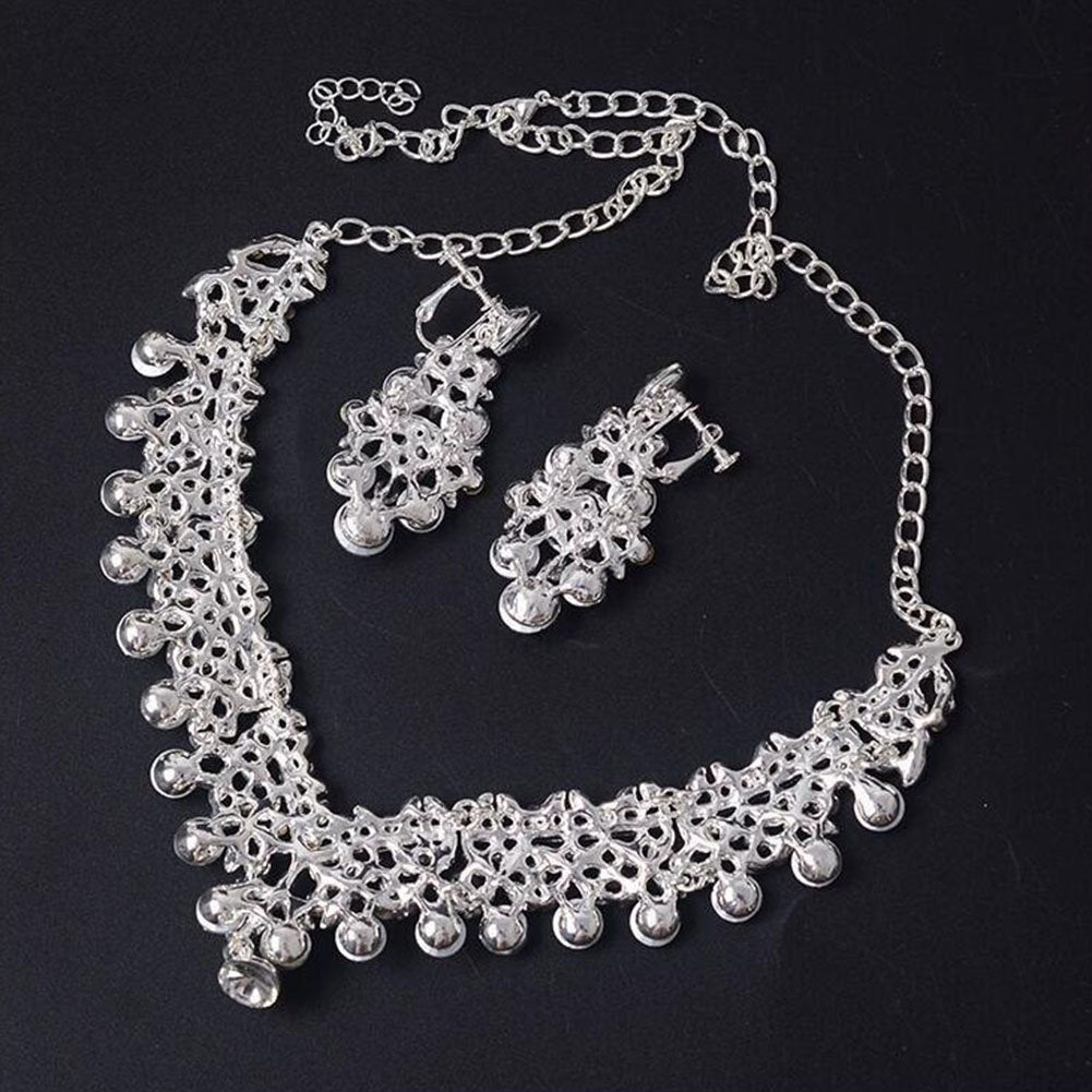 Women Faux Pearl Rhinestone Pendant Necklace Earrings Crown Tiara Jewelry Set Image 9