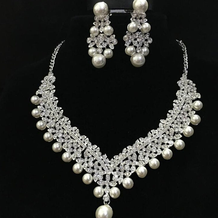 Women Faux Pearl Rhinestone Pendant Necklace Earrings Crown Tiara Jewelry Set Image 10