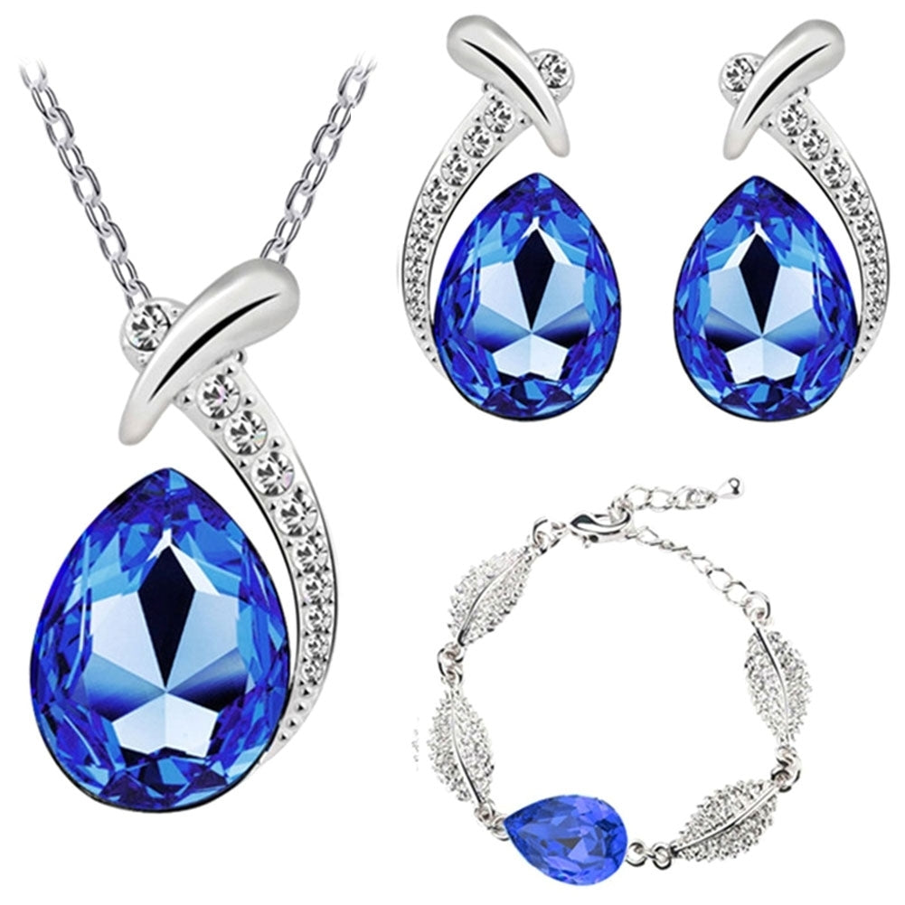 Lady Rhinestone Inlaid Water Drop Pendant Necklace Bracelet Earrings Jewelry Set Image 3