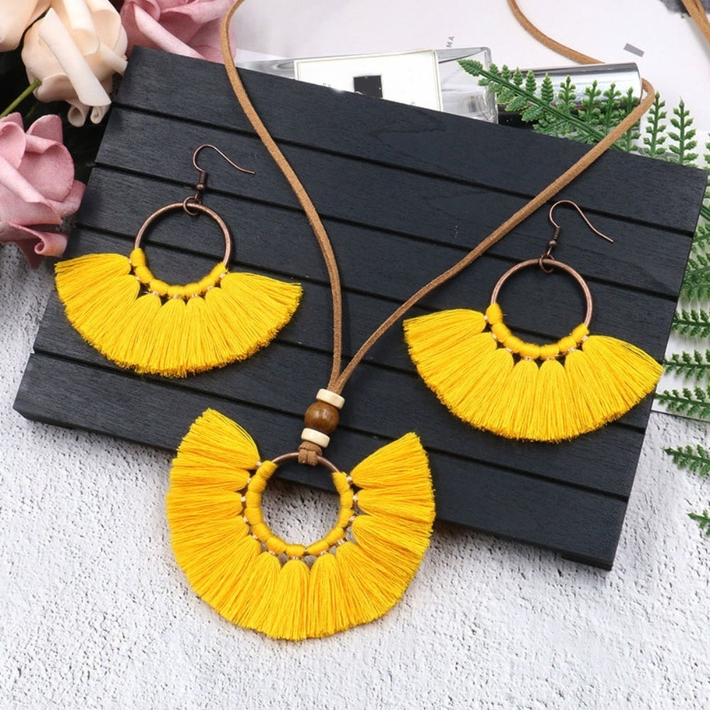 Bohemian Women Round Pendant Fringe Tassel Rope Necklace Earrings Jewelry Set Image 1