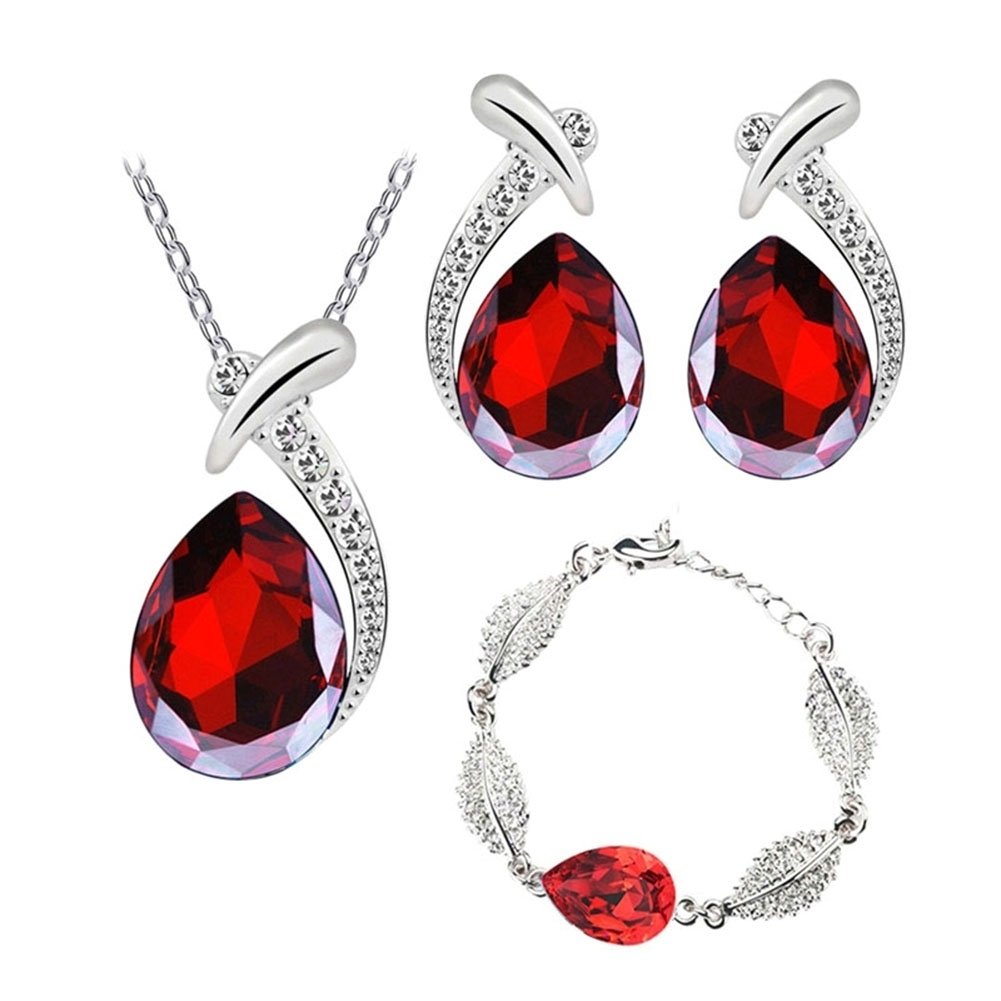 Lady Rhinestone Inlaid Water Drop Pendant Necklace Bracelet Earrings Jewelry Set Image 4