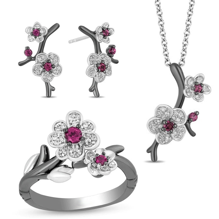 Rhinestone Plum Blossom Flower Women Necklace Ear Stud Earrings Finger Ring Image 1